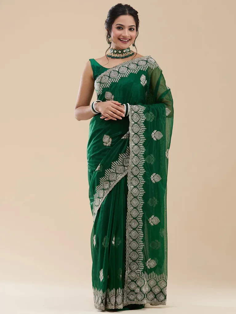 [VC26-SITARA-D32-01] Vervee Couture Bottle Green Net Saree | Sitara