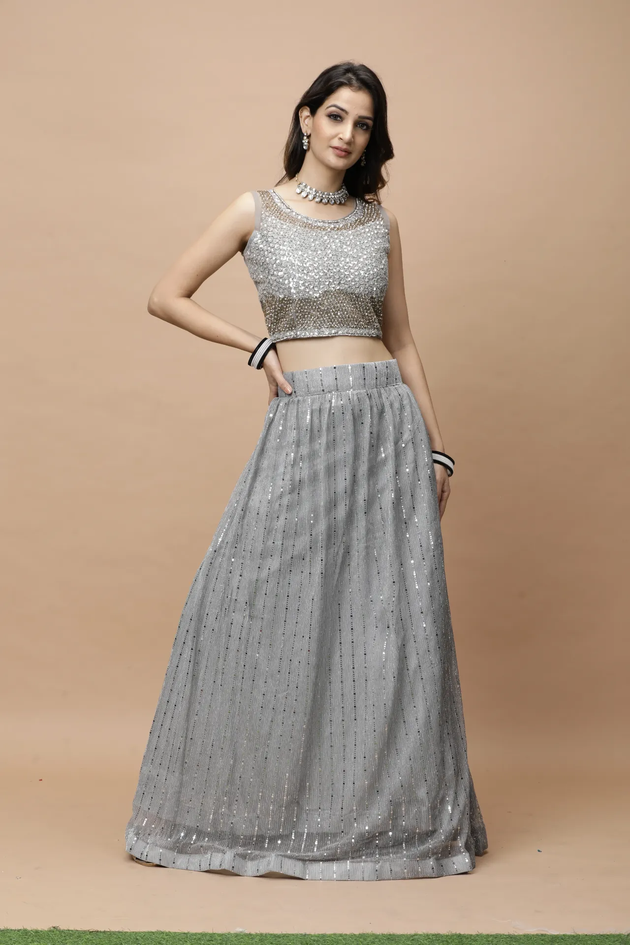 [VC26-LEH-D98-04] Vervee Couture Grey Designer Lehenga | Leh