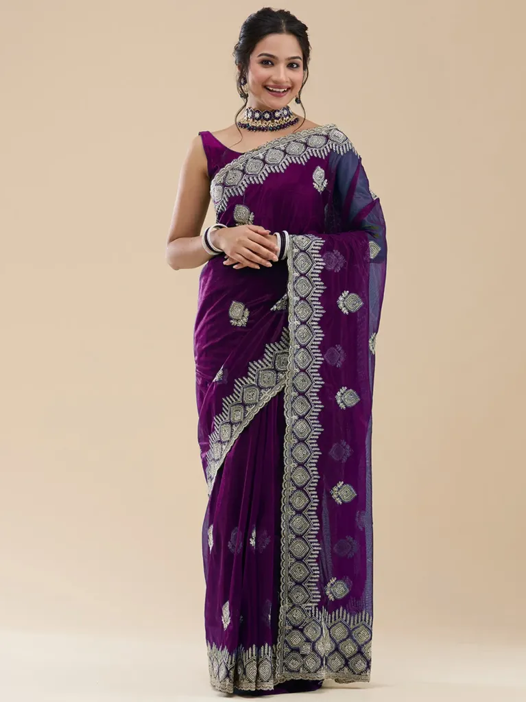 [VC26-SITARA-D32-02] Vervee Couture Purple Net Saree | Sitara