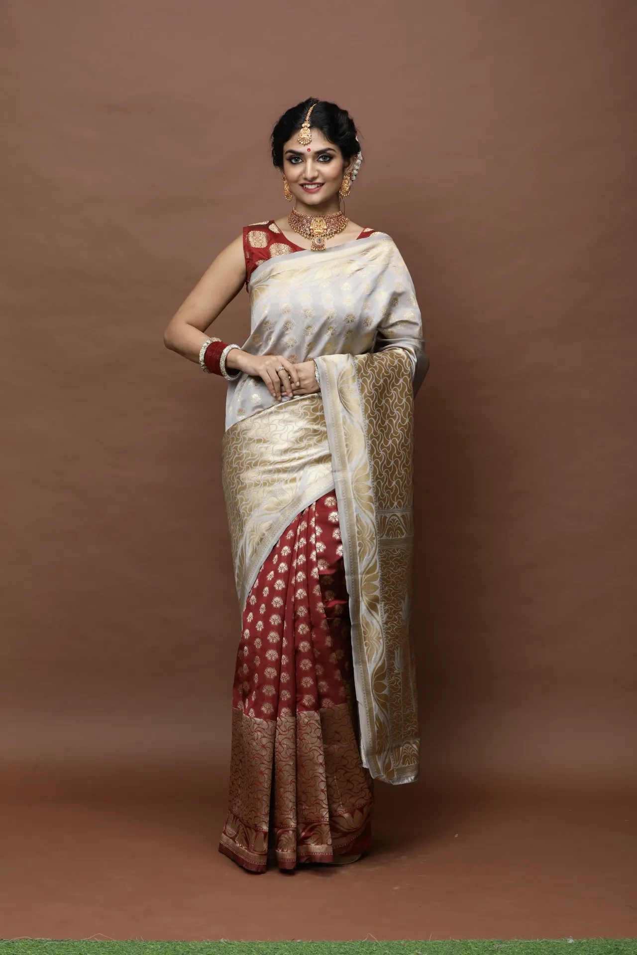 Vervee Couture White Banarasi Silk Saree