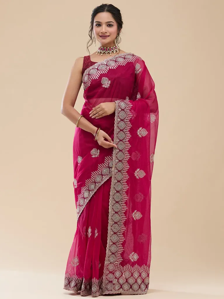 [VC26-SITARA-D32-03] Vervee Couture Rani Pink Net Saree | Sitara