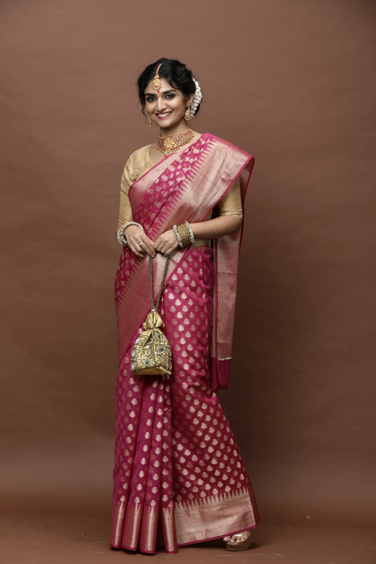 [VC26-DAVYA-D66-15] Vervee Couture Pink Banarasi Silk Saree