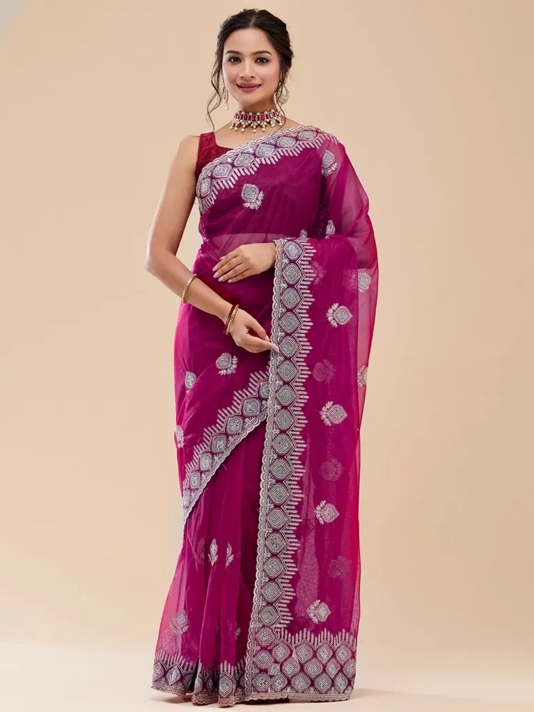 [VC26-SITARA-D32-04] Vervee Couture Wine Purple Net Saree | Sitara