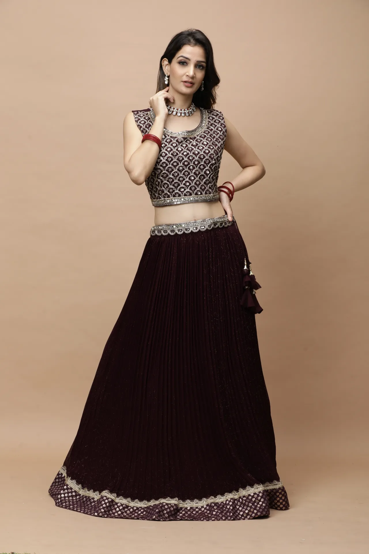 [VC26-LEH-D98-12] Vervee Couture Maroon Designer Lehenga
