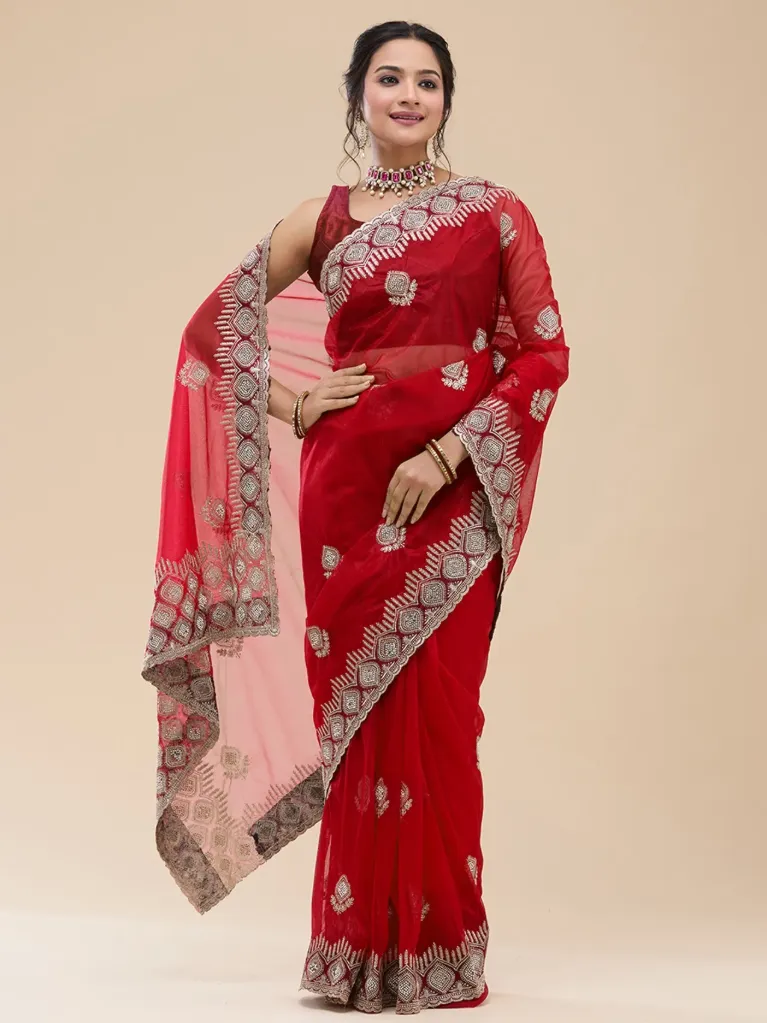 Vervee Couture Classic Crimson Red Net Saree | Sitara