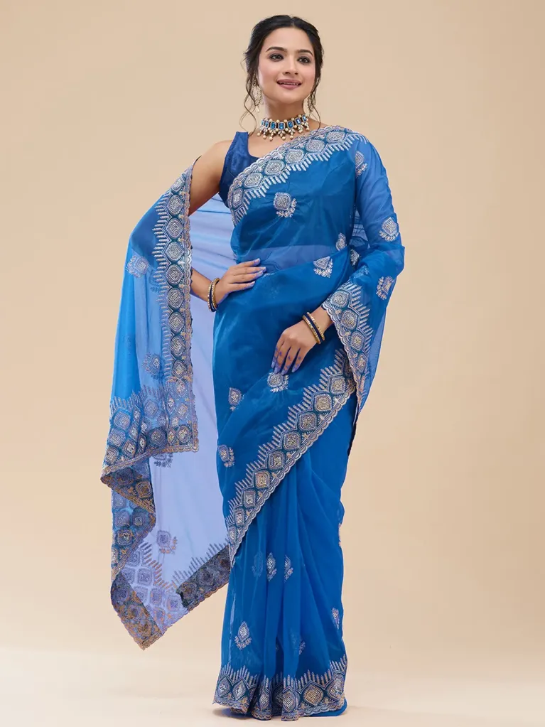 [VC26-SITARA-D32-06] Vervee Couture Blue Net Saree | Sitara