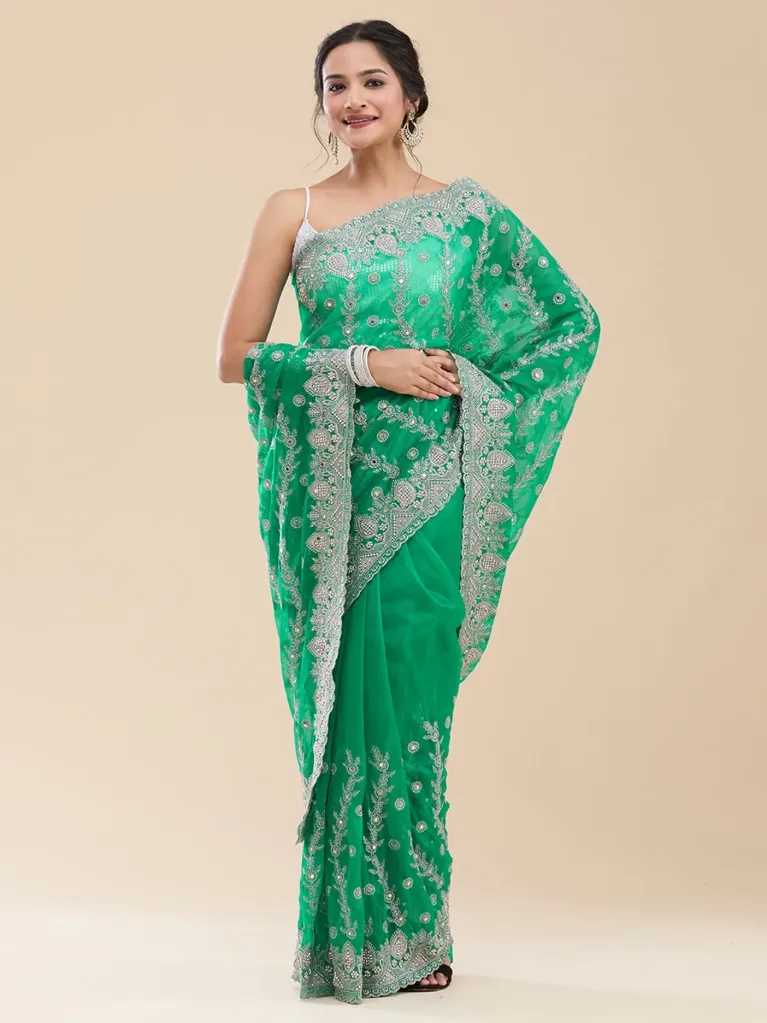 Vervee Couture Emerald Green Poly Net Saree | Ruhani