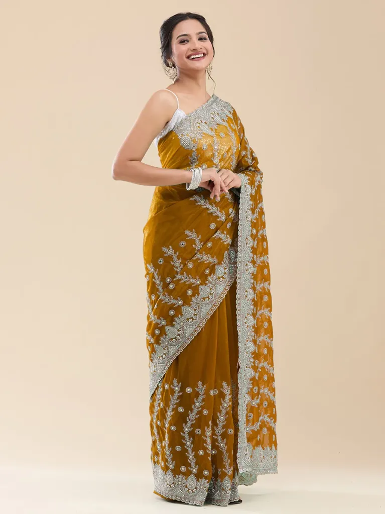 Vervee Couture Warm Copper Brown Poly Net Saree | Ruhani