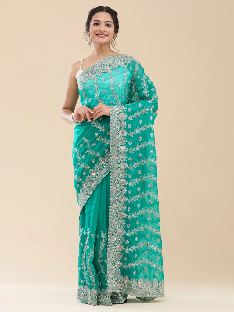 Vervee Couture Rich Turquoise Green Poly Net Saree | Ruhani
