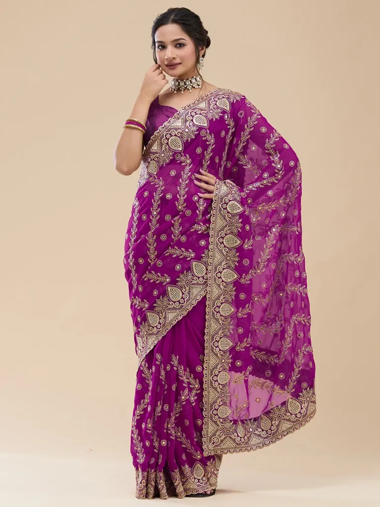 [VC26-RUHANI-D33-05] Vervee Couture Wine Grape Poly Net Saree | Ruhani