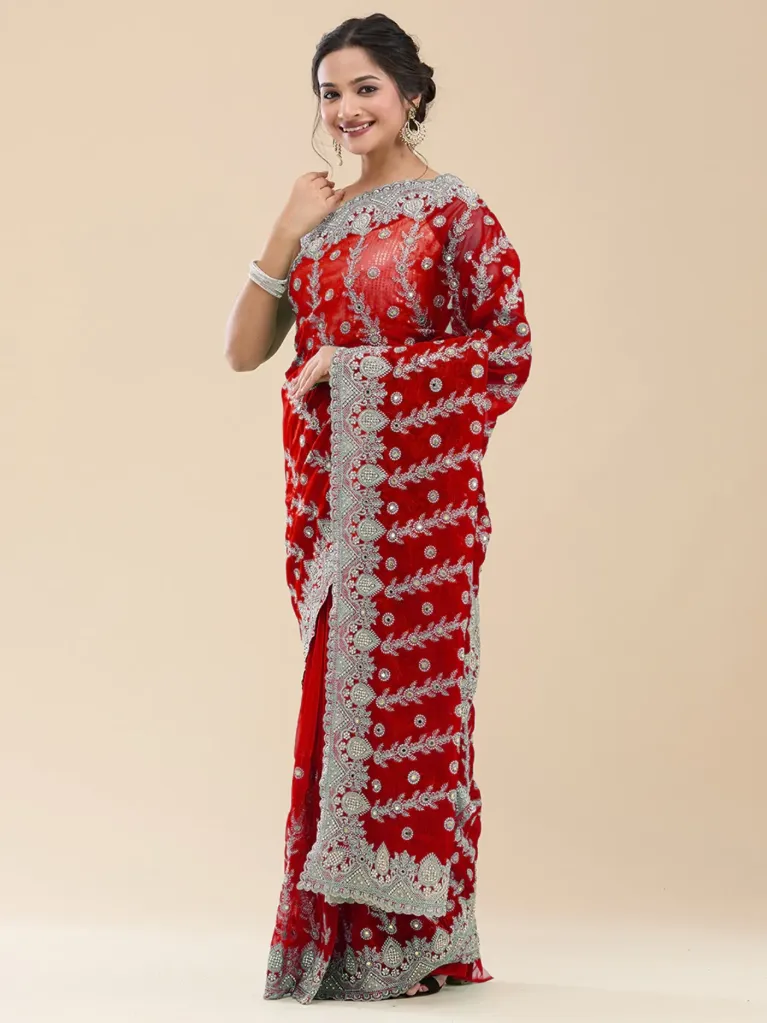 Vervee Couture Soft Coral Red Poly Net Saree | Ruhani