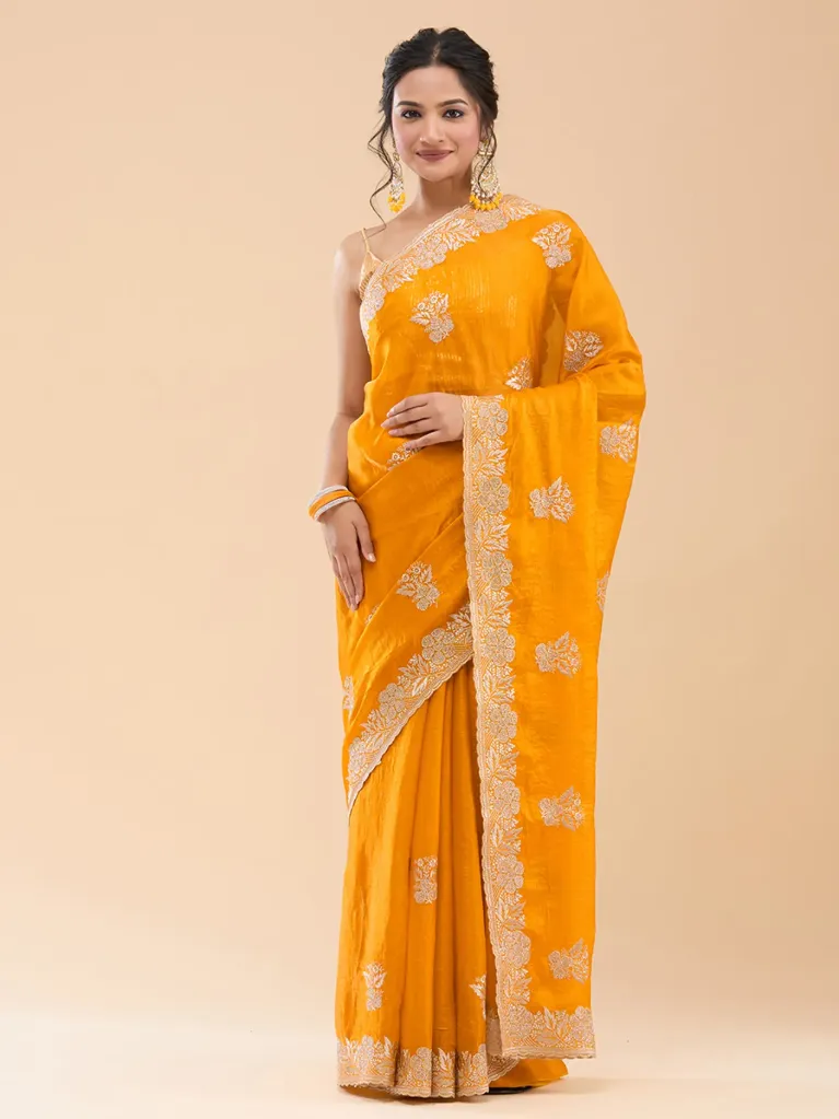 [VC26-GULMAR-D34-01] Vervee Couture Mustard Yellow Silk Blend Saree | Gulmar