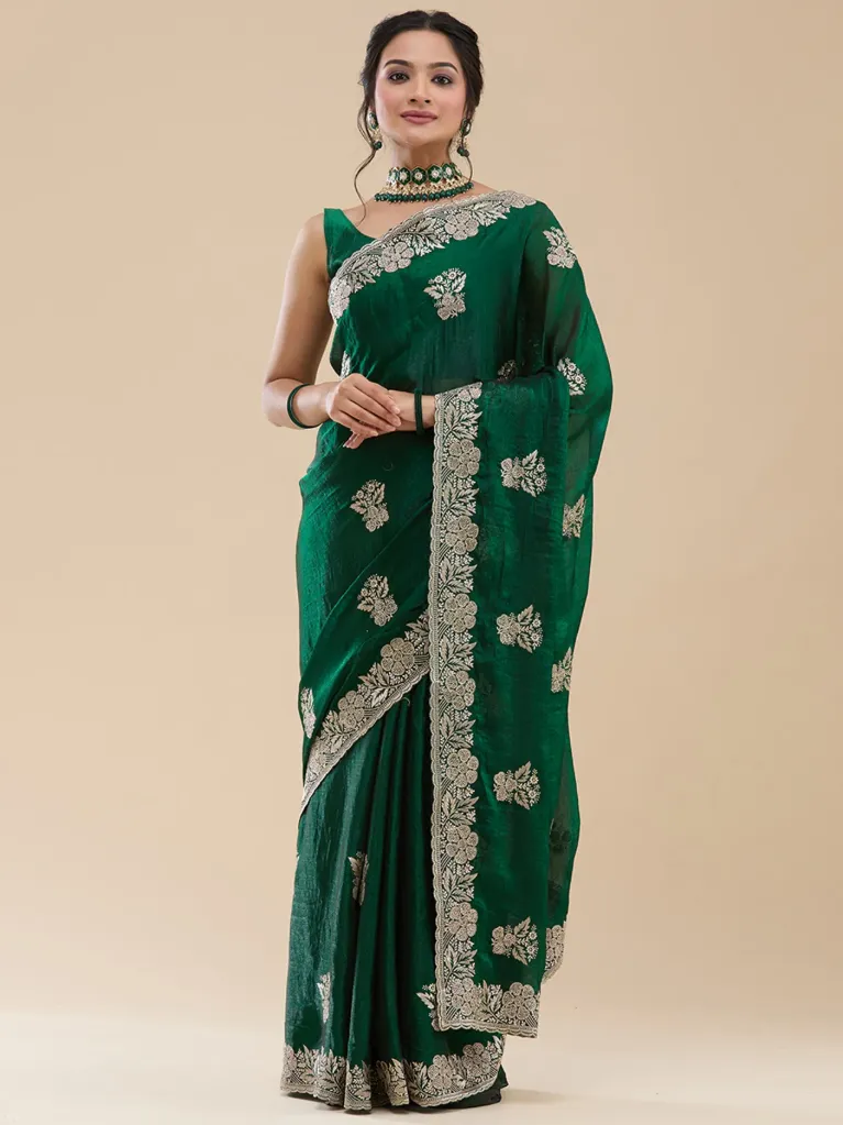 Vervee Couture Forest Green Silk Blend Saree | Gulmar