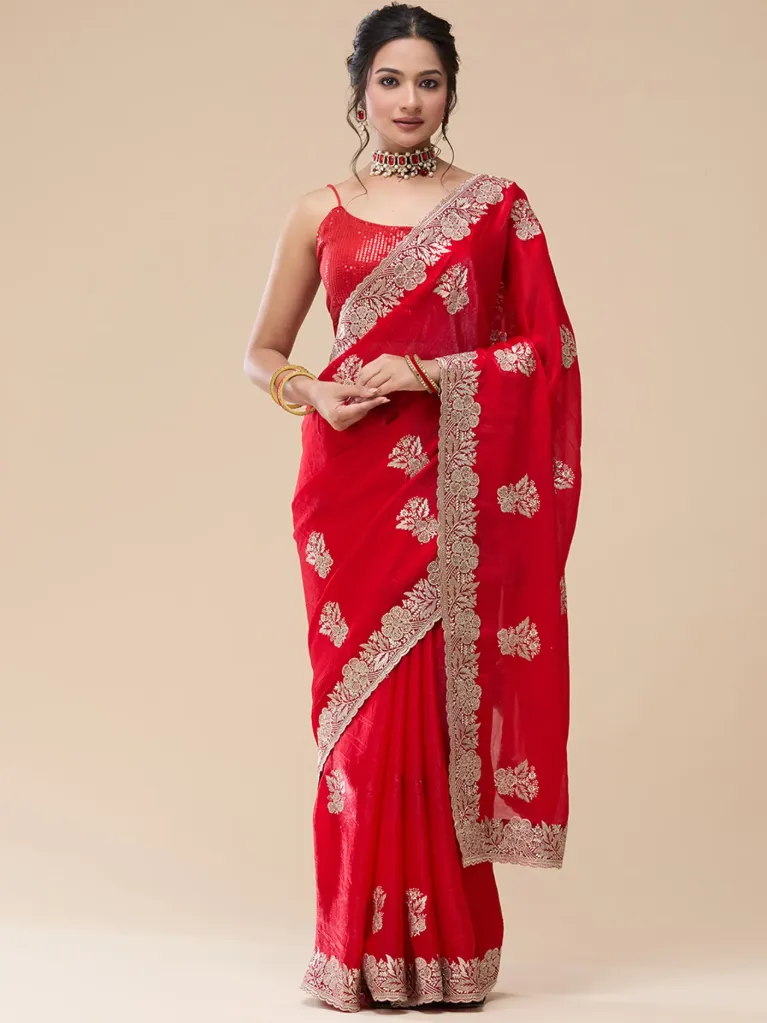 [VC26-GULMAR-D34-05] Vervee Couture Bright Red Silk Blend Saree | Gulmar