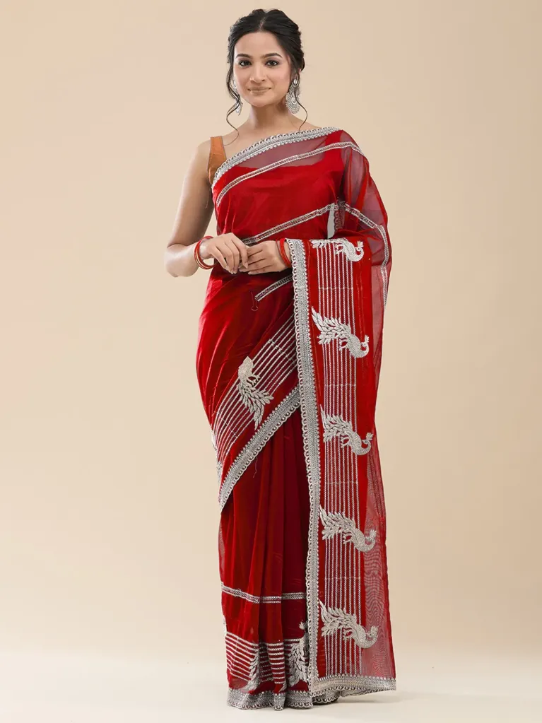 [VC26-BARHIN-D35-03] Vervee Couture Deep Maroon Poly Net Saree | Barhin