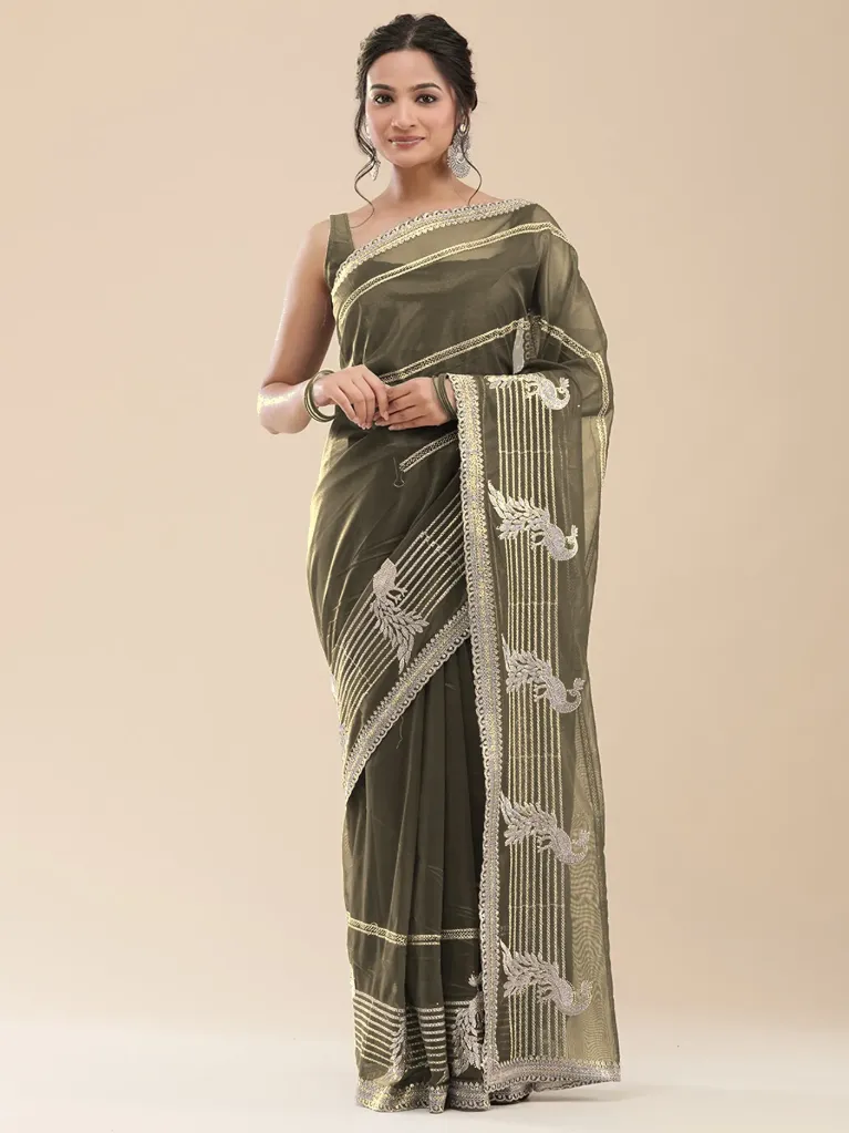 Vervee Couture Soft Coral Red Poly Net Saree | Barhin