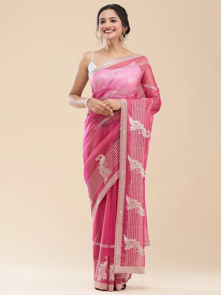[VC26-BARHIN-D35-05] Vervee Couture Rosy Pink Poly Net Saree | Barhin