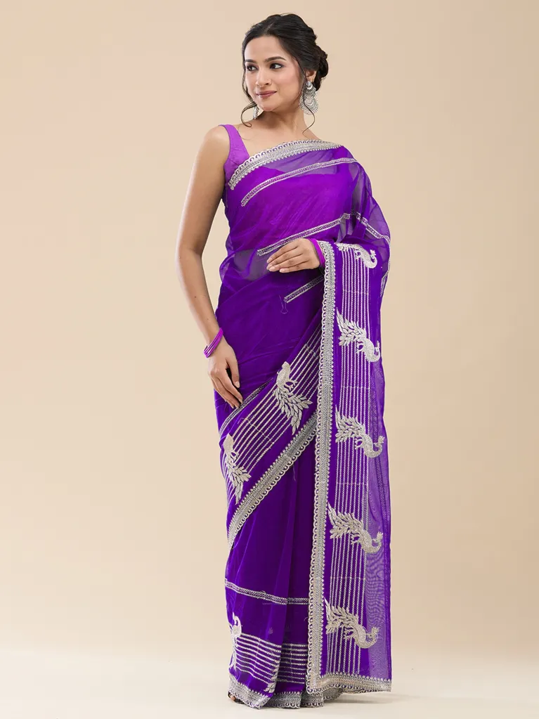 Vervee Couture Vibrant Rani Pink Poly Net Saree | Barhin