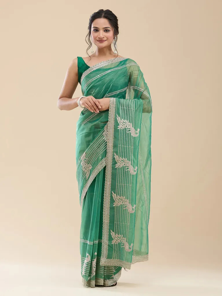 [VC26-BARHIN-35-07] Vervee Couture Light Leaf Poly Net Saree | Barhin