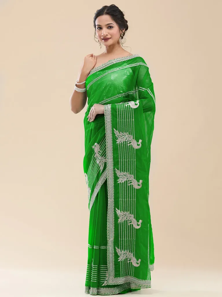 Vervee Couture Muted Olive Green Poly Net Saree | Barhin