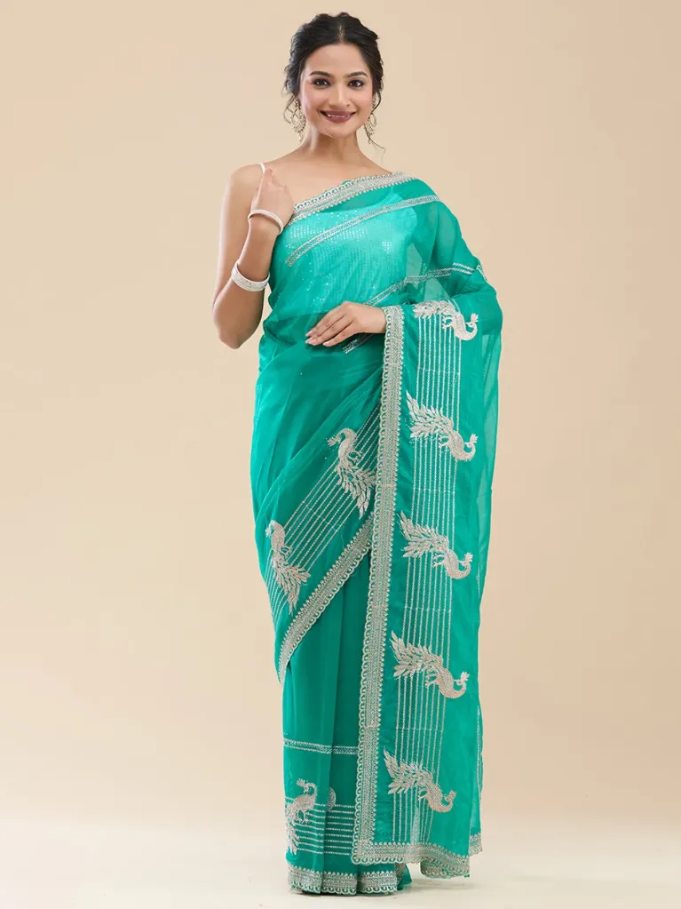 [VC26-BARHIN-D35-09] Vervee Couture Sky Blue Poly Net Saree | Barhin
