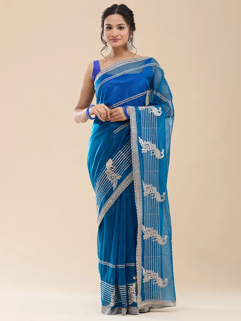 [VC26-BARHIN-D35-10] Vervee Couture Ink Blue Poly Net Saree | Barhin