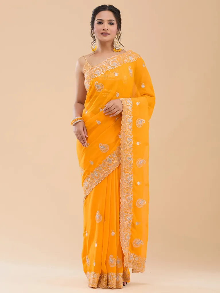 Vervee Couture Mustard Yellow Georgette Saree | Gulnar