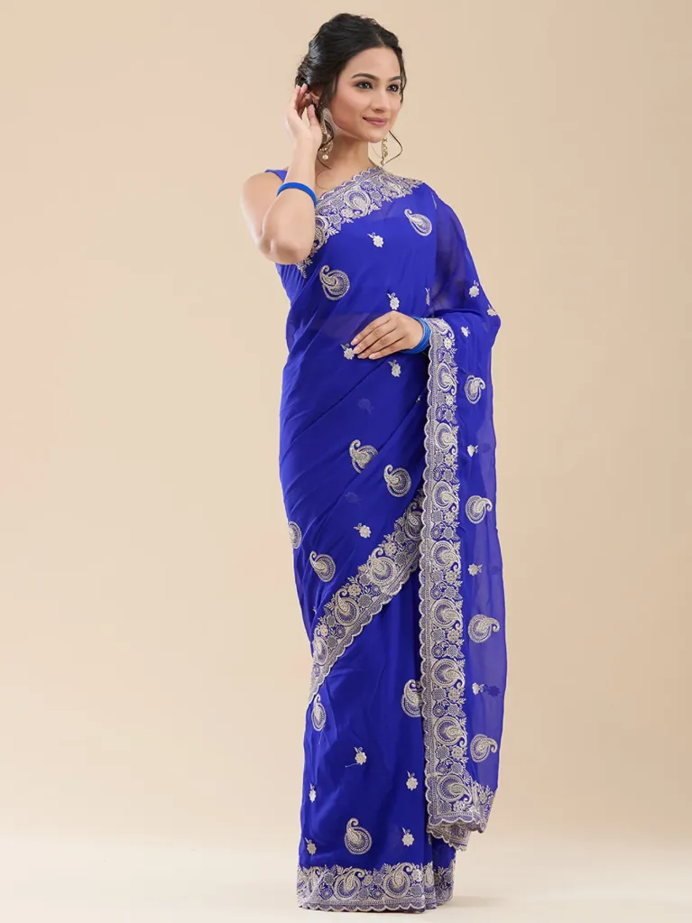 Vervee Couture Royal Blue Georgette Saree | Gulnar