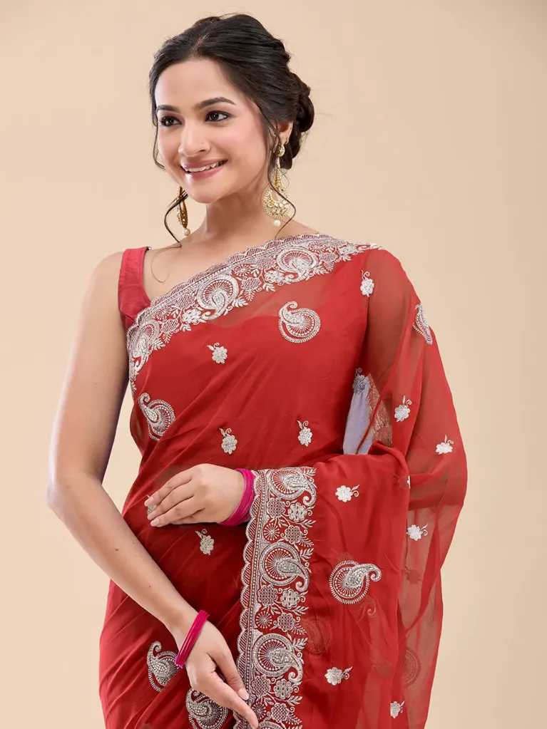 Vervee Couture Brick Red Georgette Saree | Gulnar