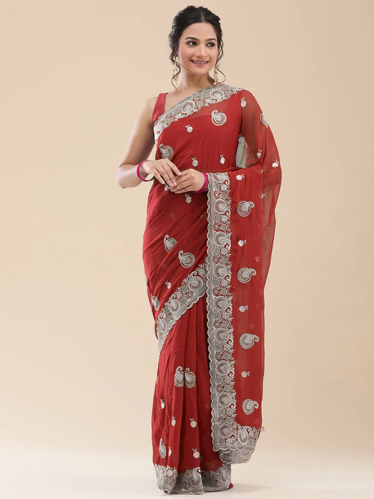 Vervee Couture Maroon Red Georgette Saree | Gulnar