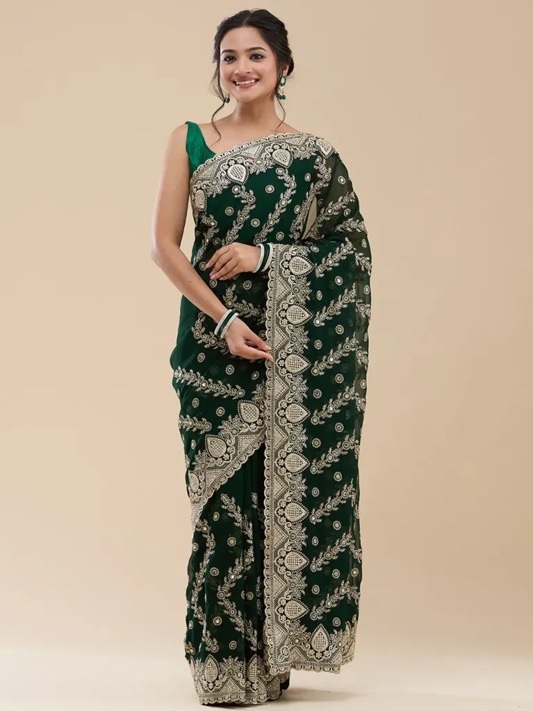 [VC26-TARANG-D37-02] Vervee Couture Dark Bottle Green Georgette Saree | Tarang