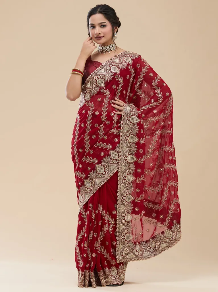 Vervee Couture Deep Maroon Green Georgette Saree | Tarang