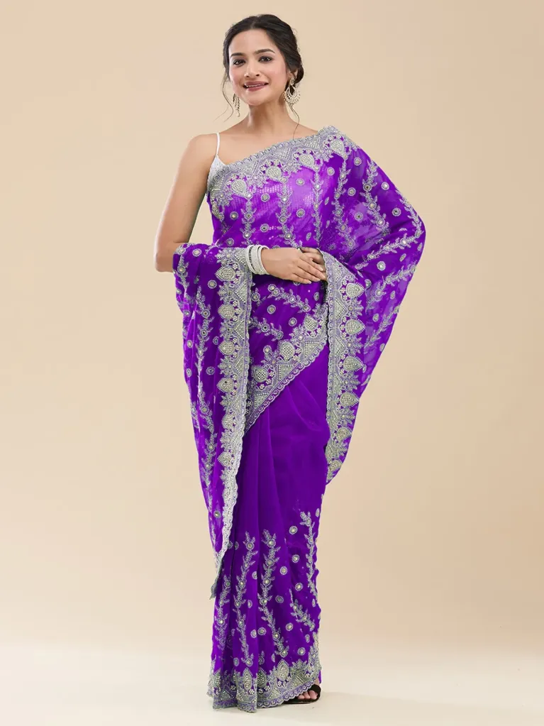 Vervee Couture Plum Purple Green Georgette Saree | Tarang