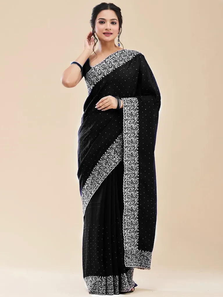 [VC26-VAMIKA-D38-01] Vervee Couture Classic Jet Black Georgette Saree | Vamika