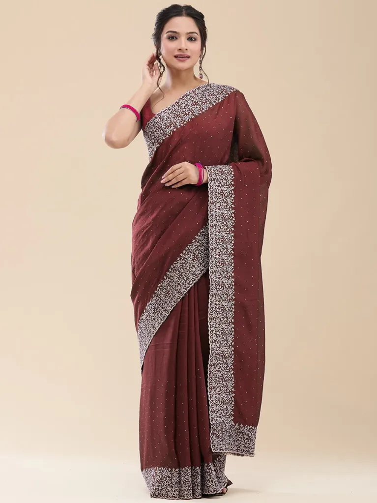 Vervee Couture Deep Black Maroon Georgette Saree | Vamika