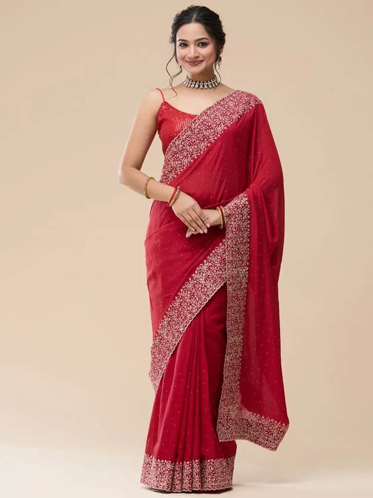 [VC26-VAMIKA-D38-04] Vervee Couture Classic Crimson Red Georgette Saree | Vamika