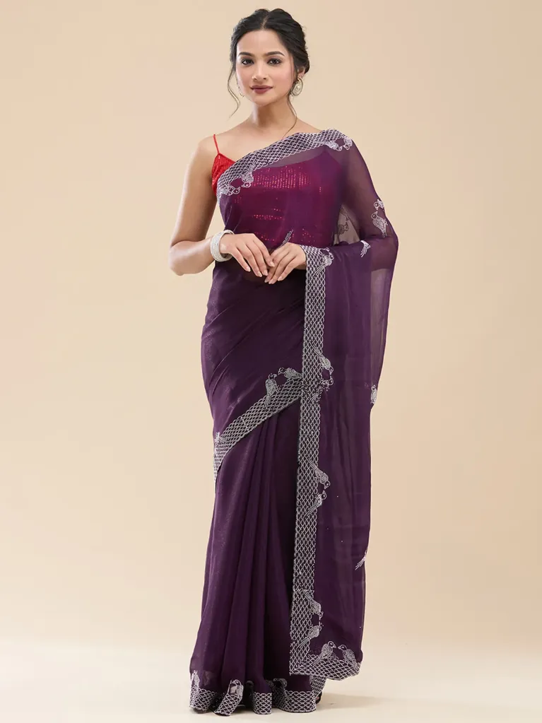 [VC26-VED-D39-01] Vervee Couture Deep Royal Purple Georgette Saree | Ved