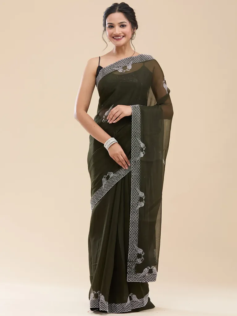 [VC26-VED-D39-02] Vervee Couture Sage Green Georgette Saree | Ved