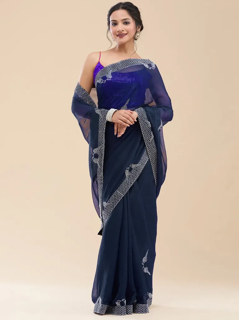 Vervee Couture Deep Dark Teal Green Georgette Saree | Ved