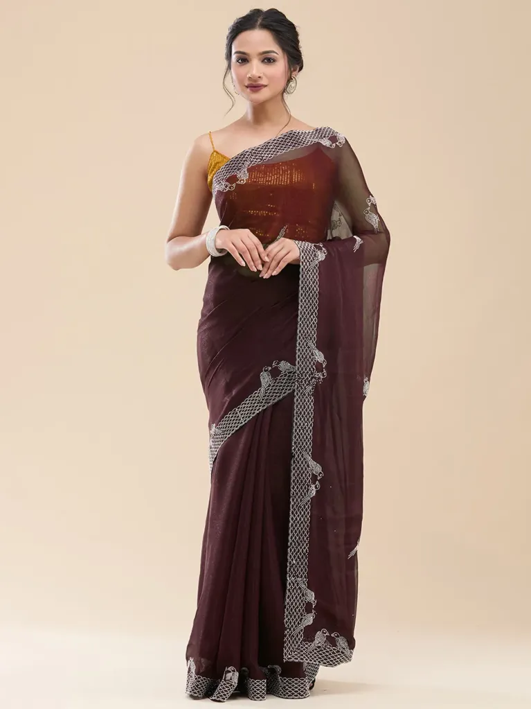 [VC26-VED-D39-04] Vervee Couture Deep Dark Maroon Georgette Saree | Ved