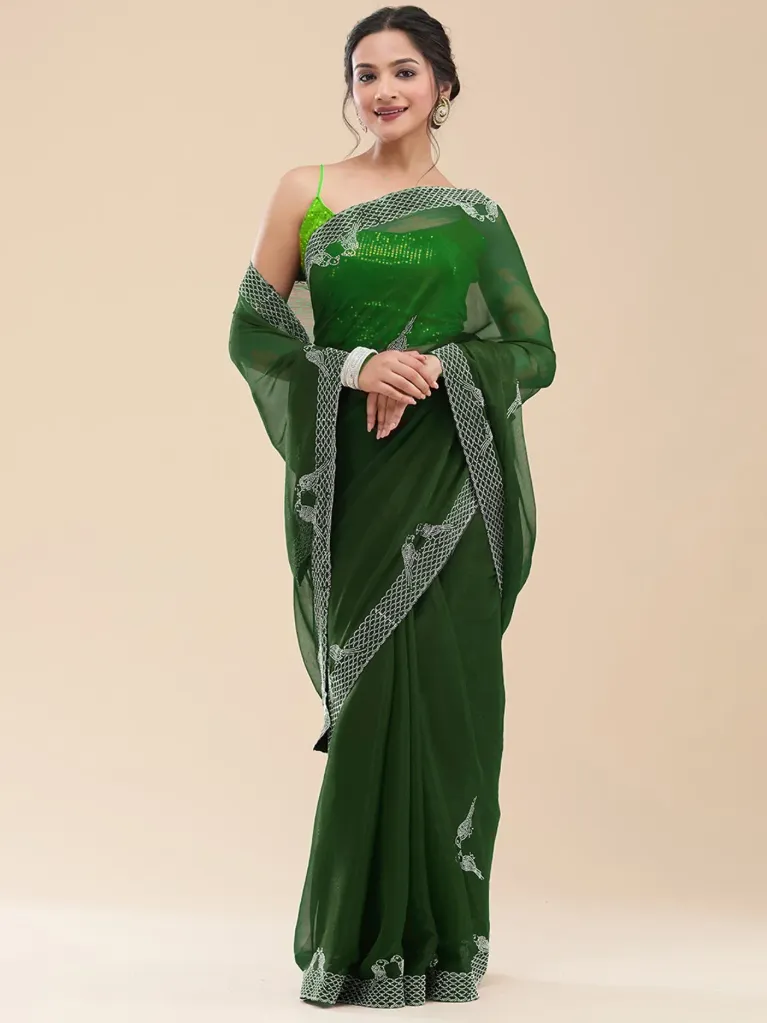 [VC26-VED-D39-05] Vervee Couture Deep Forest Green Georgette Saree | Ved