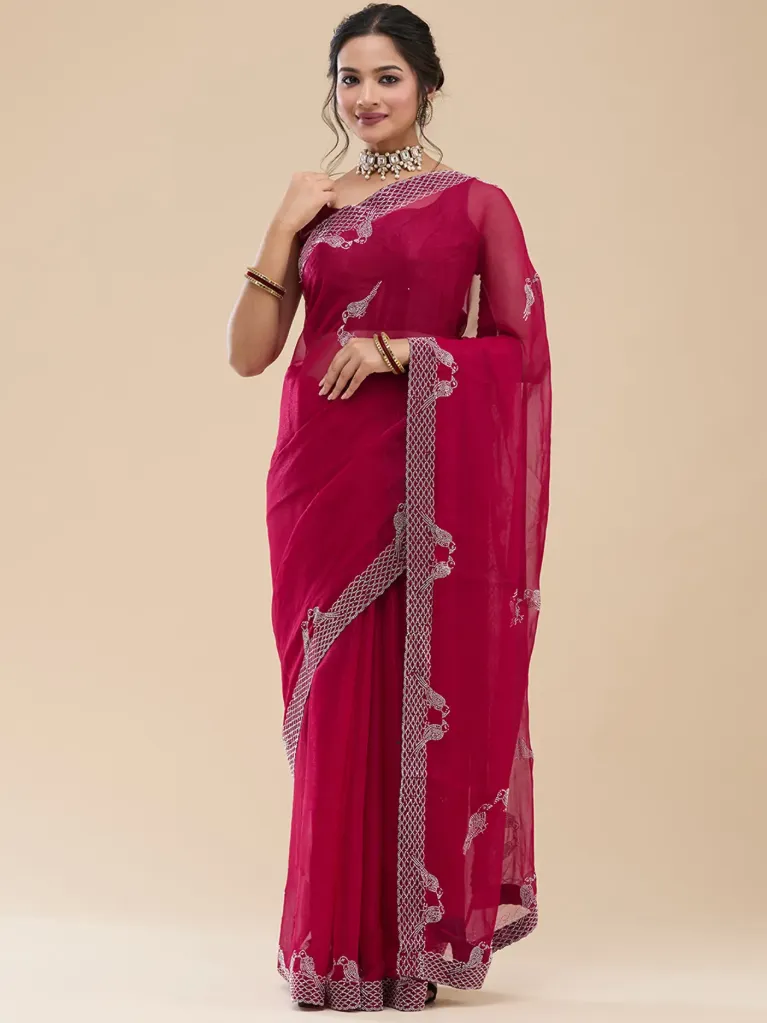 [VC26-VED-D39-06] Vervee Couture Deep Rani Rose Pink Georgette Saree | Ved