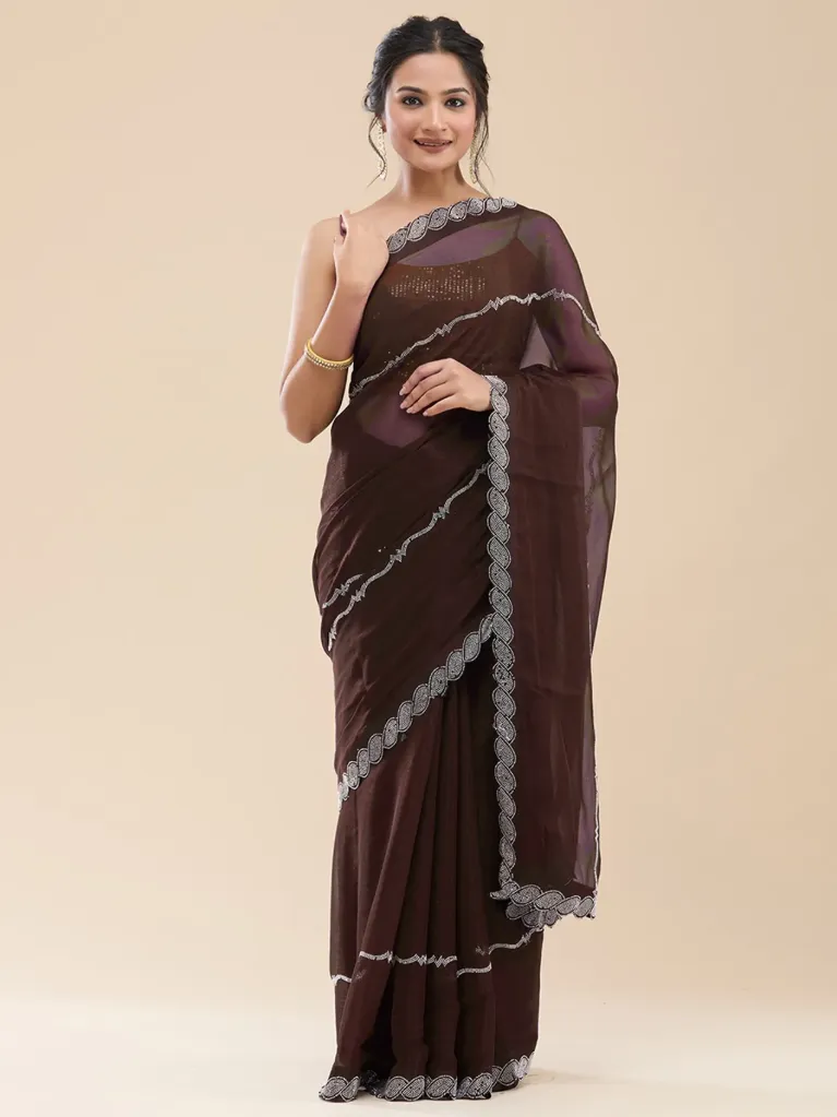 [VC26-VEER-D40-01] Vervee Couture Deep Dark Maroon Georgette Saree | Veer