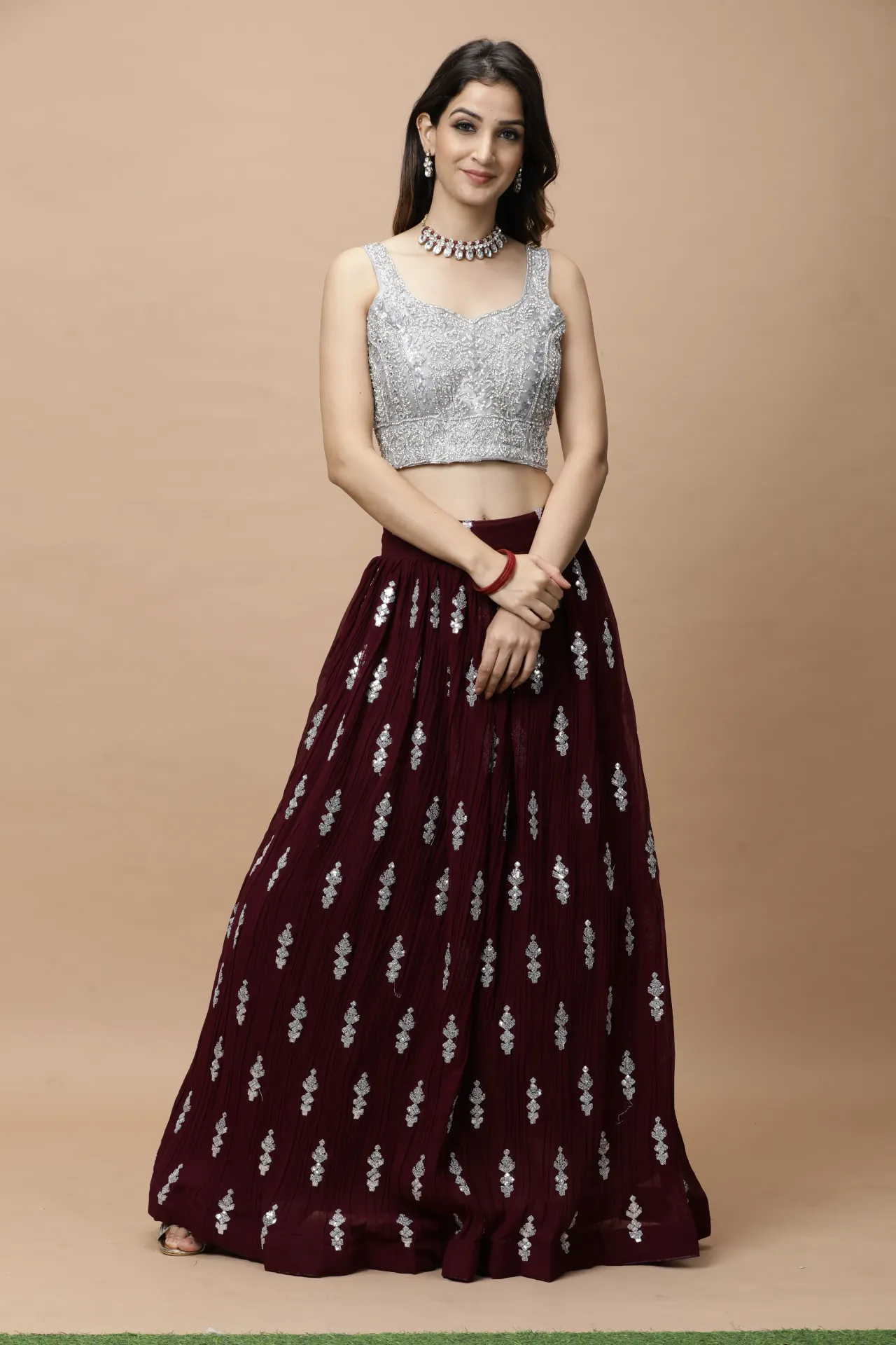 [VC26-LEH-D98-16] Vervee Couture Maroon Designer Lehenga | Leh