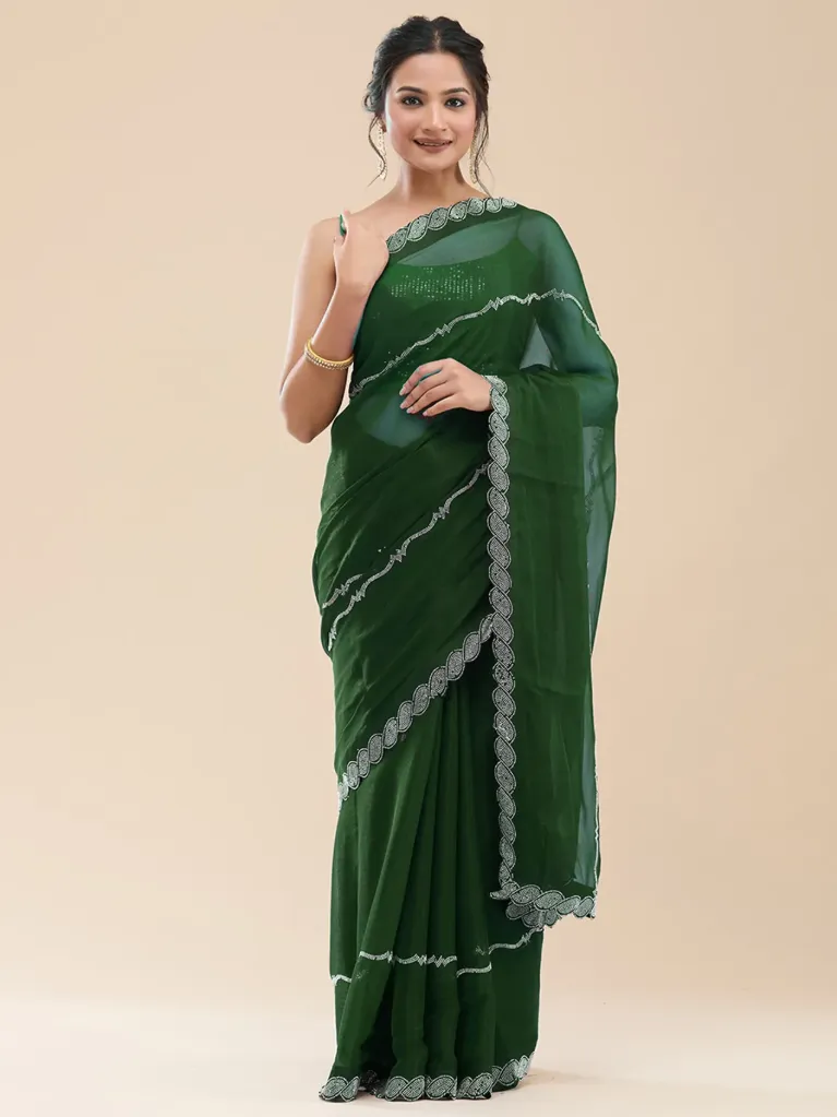 [VC26-VEER-D40-02] Vervee Couture Bottle Green Georgette Saree | Veer