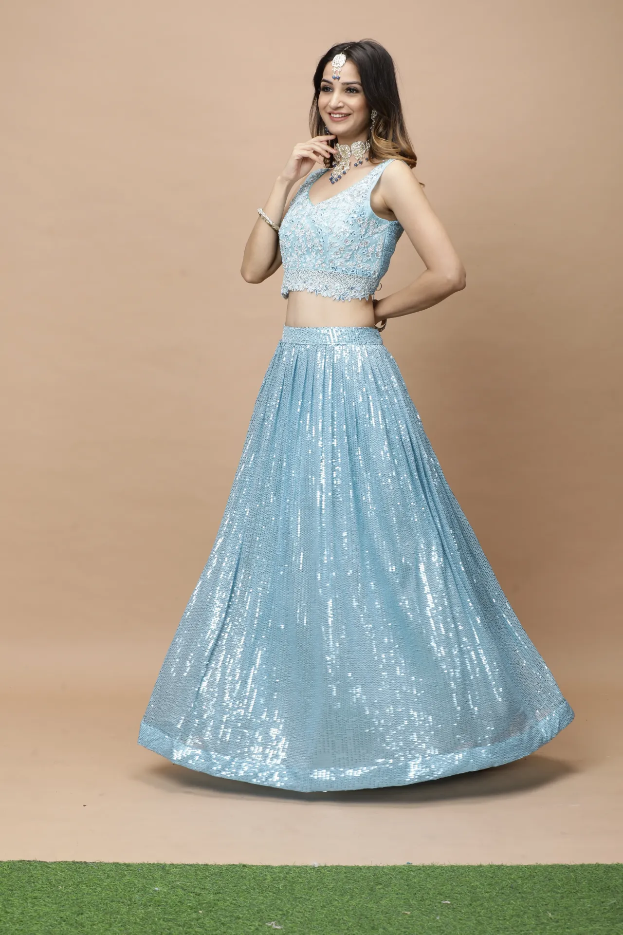 [VC26-LEH-D98-18] Vervee Couture Steel Blue Designer Lehenga | Leh