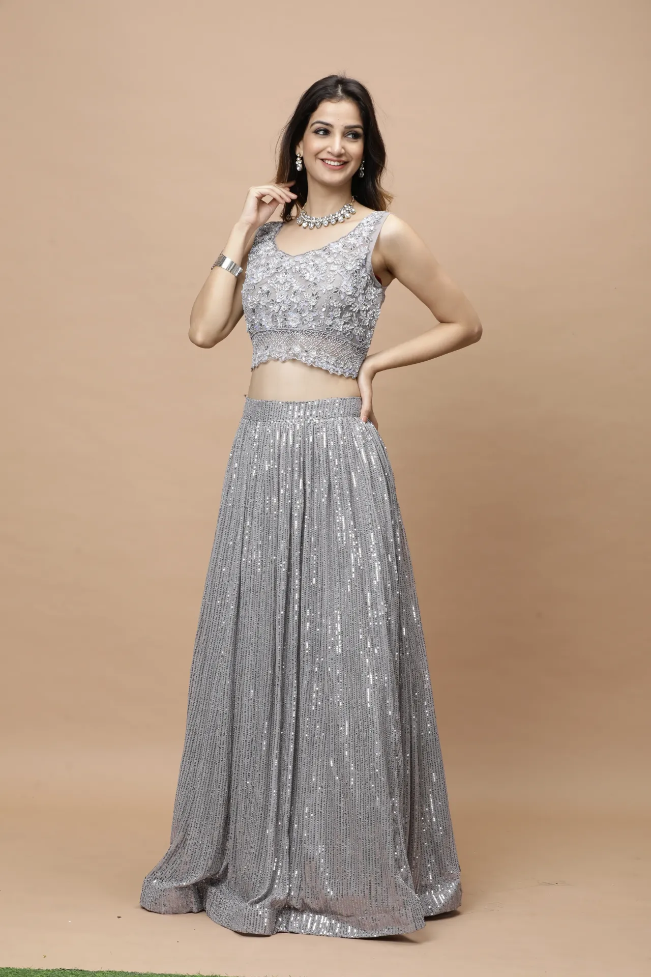 [VC26-LEH-D98-23] Vervee Couture Grey Designer Lehenga | Leh