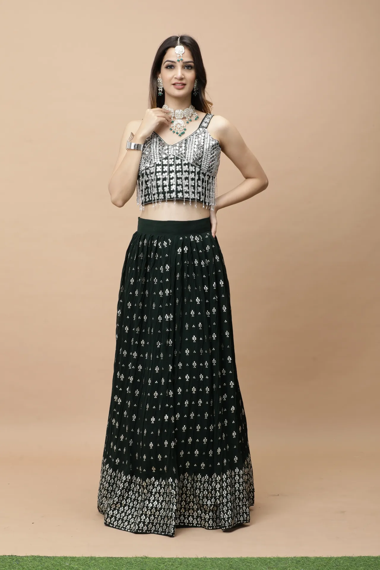 [VC26-LEH-D98-25] Vervee Couture Bottle Green Designer Lehenga | Leh