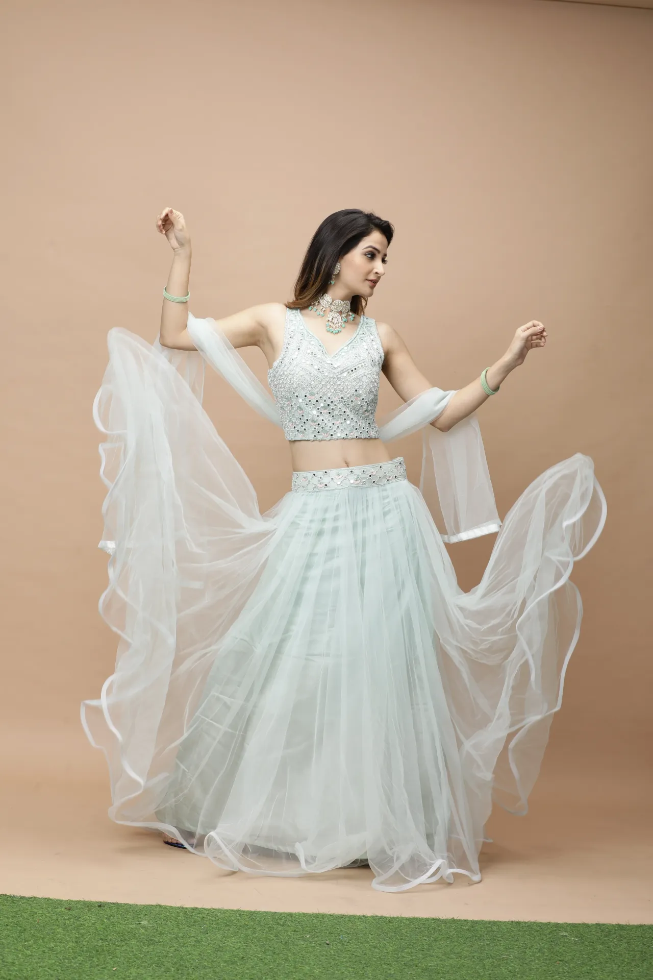 Vervee Couture Pastel Mint Green Designer Lehenga | Leh