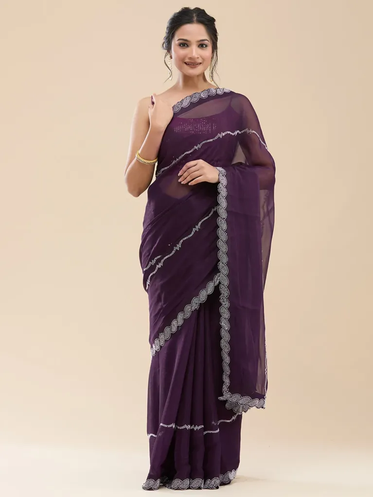 [VC26-VEER-D40-04] Vervee Couture Deep Royal Purple Georgette Saree | Veer